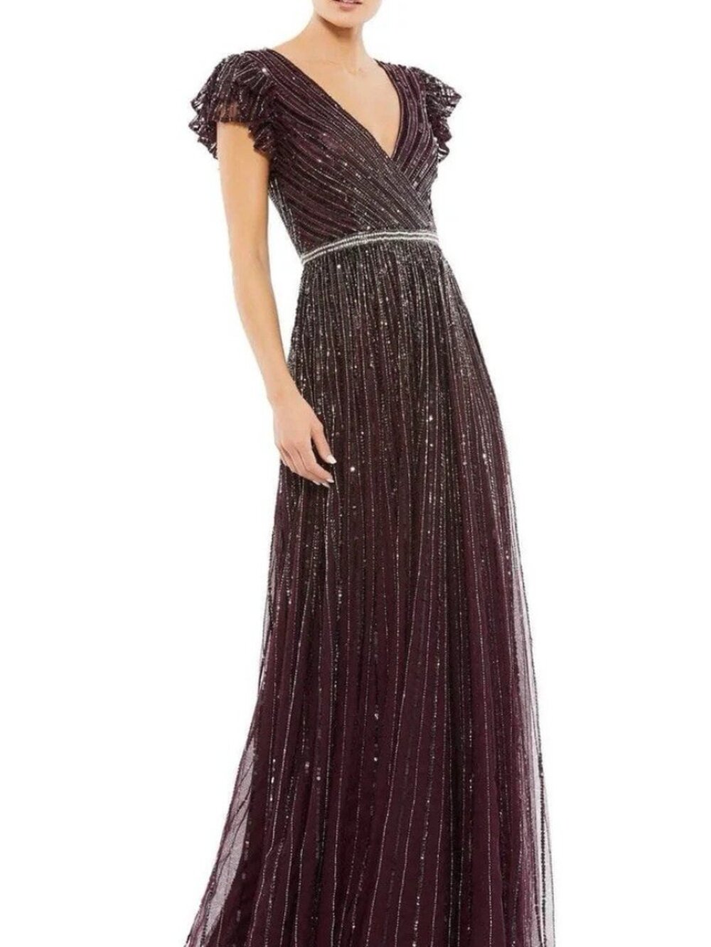 Mac Duggal Size 6 Wine Purple Sequin Beaded V-Neck Ruffle Cap Sleeve Maxi Gown